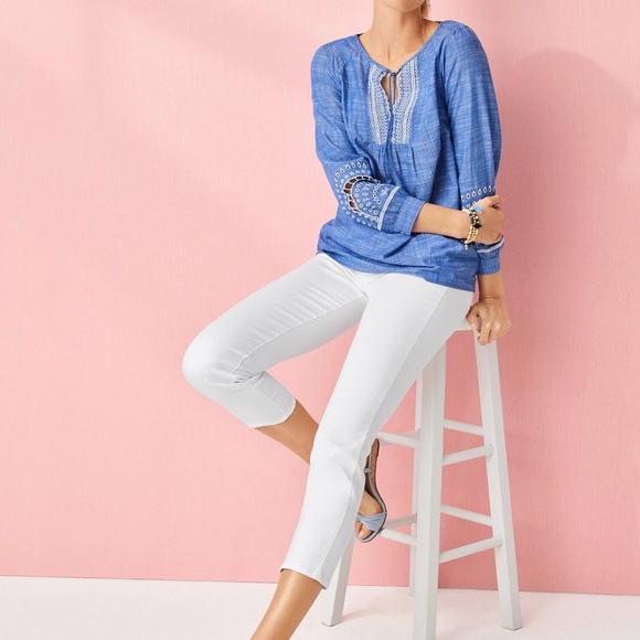 Talbots Blue Embroidered Tassel Tie Top size S - Picture 8 of 8